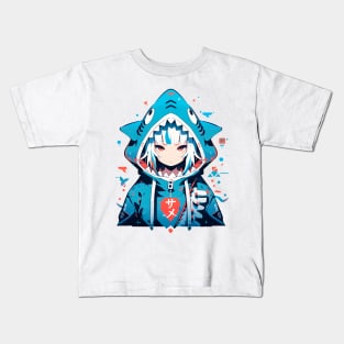 anime character wearing a blue shark hoodie Kids T-Shirt